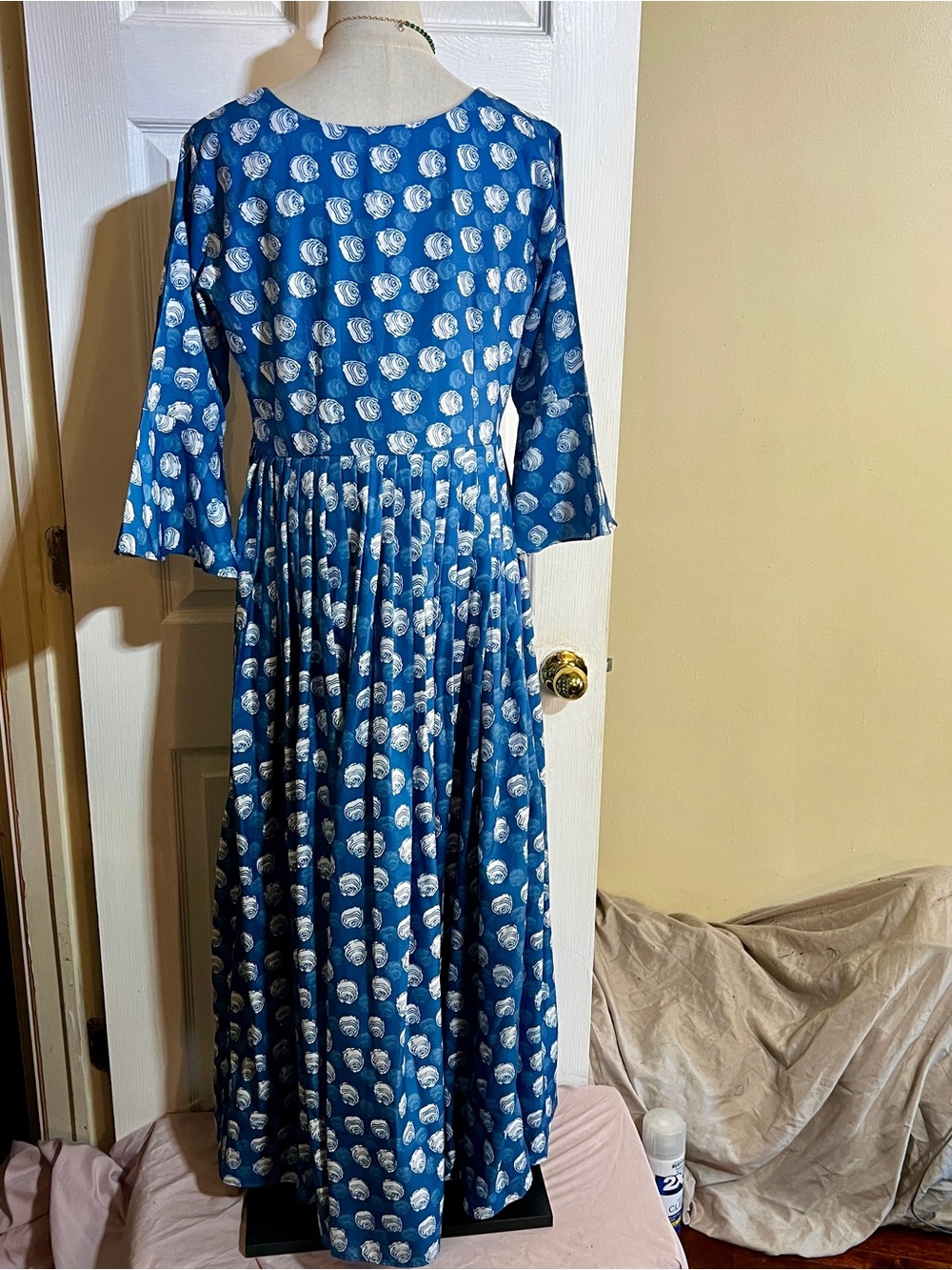 Women’s Indian Cotton Floral Pleated Boho Retro Party‎ Festival Gown Blue M - Picture 7 of 15